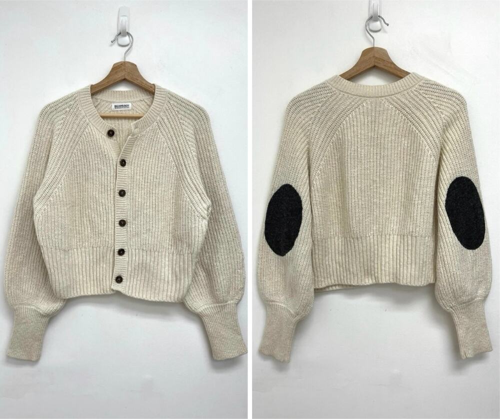 Beams Boy Elbow Patch Cardigan Off White Chunky Knit Cropped Balloon Sleeve - OS